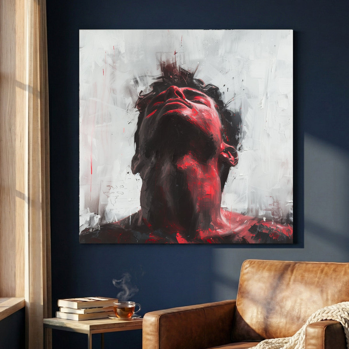 Expressive mixed media portrait with red and black accents on white background