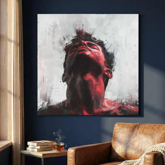 Expressive mixed media portrait with red and black accents on white background