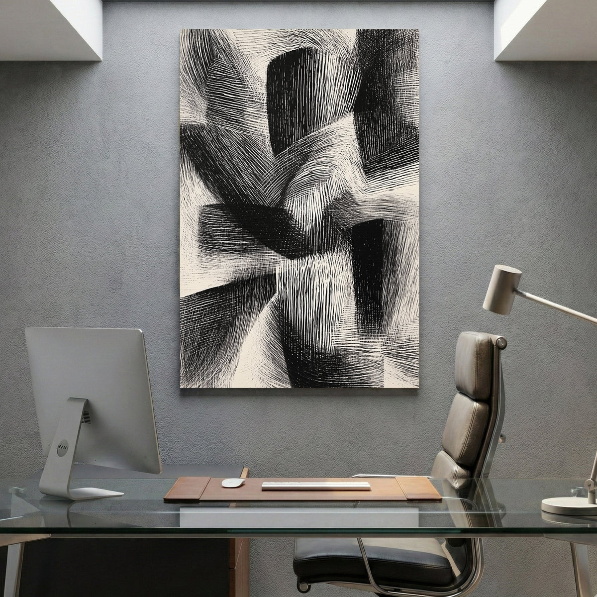 Abstract geometric cross-hatch line work black white bold wall art print