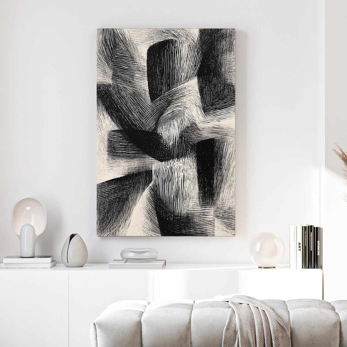 Abstract geometric cross-hatch line work black white bold wall art print