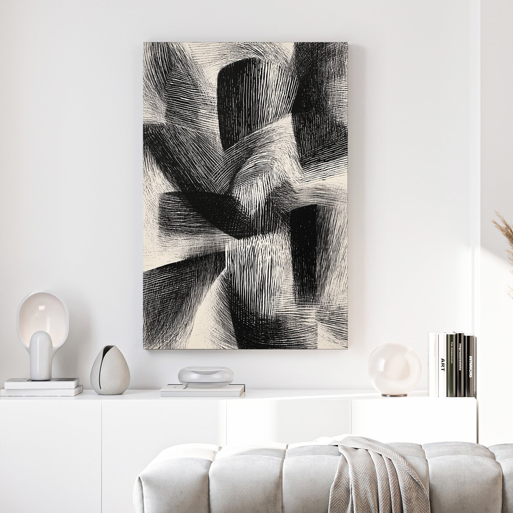 Abstract geometric cross-hatch line work black white bold wall art print