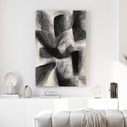 Abstract geometric cross-hatch line work black white bold wall art print