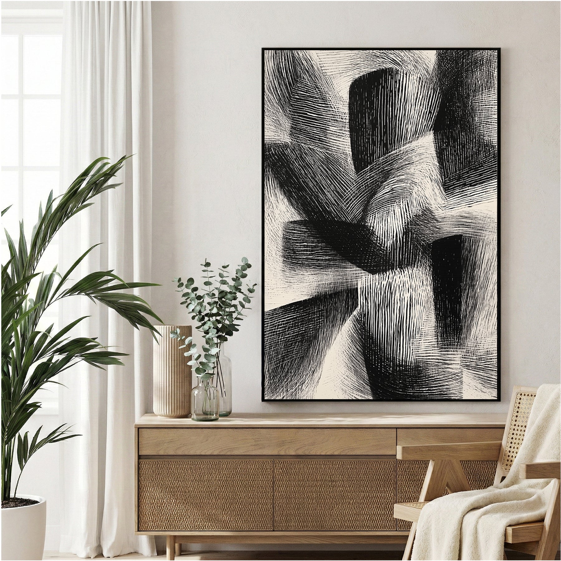 Abstract geometric cross-hatch line work black white bold wall art print