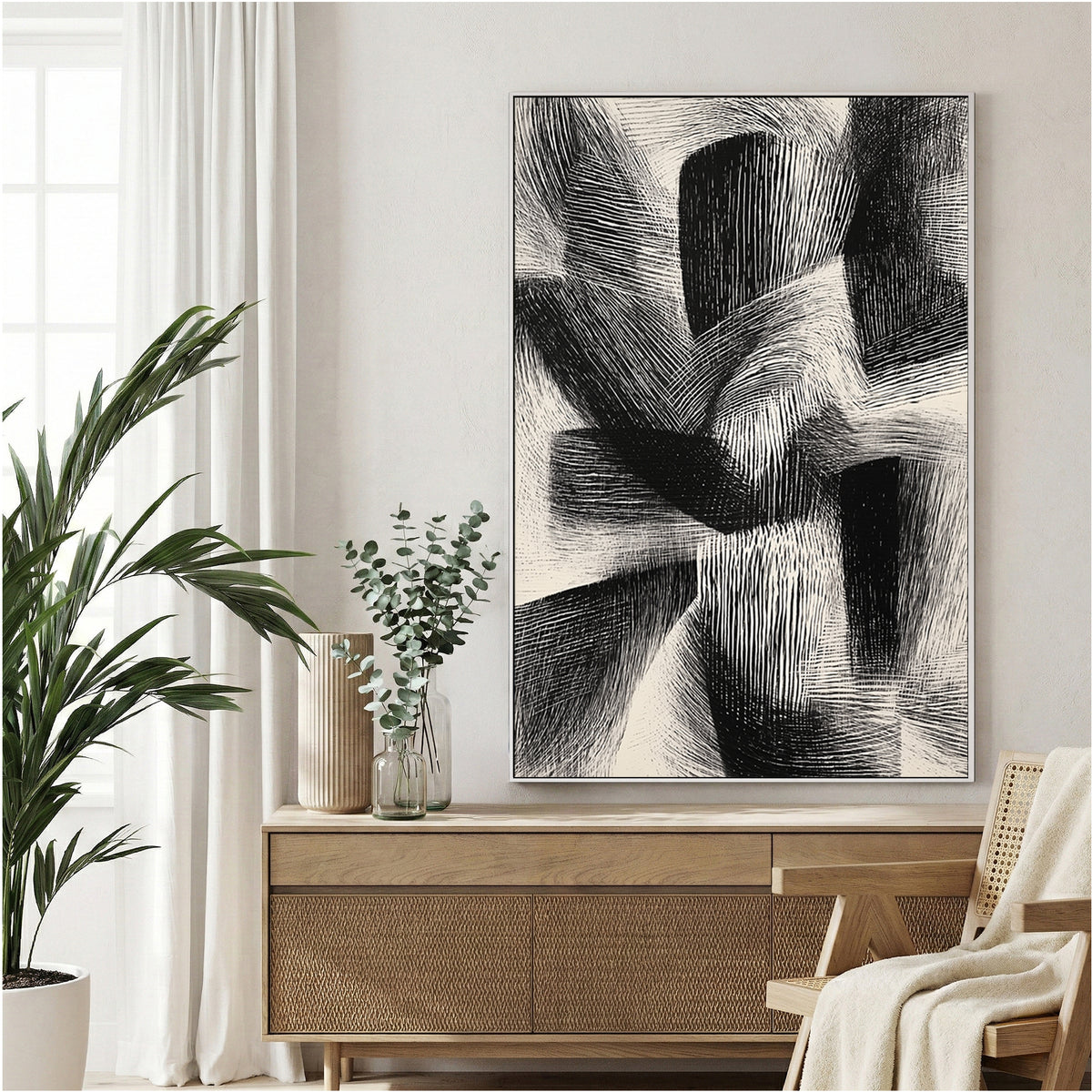 Abstract geometric cross-hatch line work black white bold wall art print