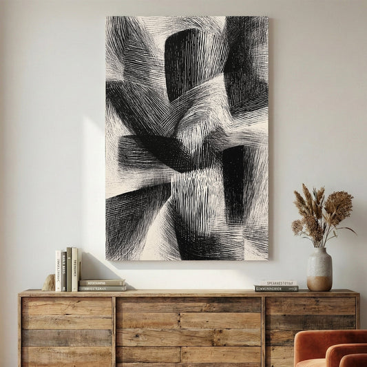 Abstract geometric cross-hatch line work black white bold wall art print