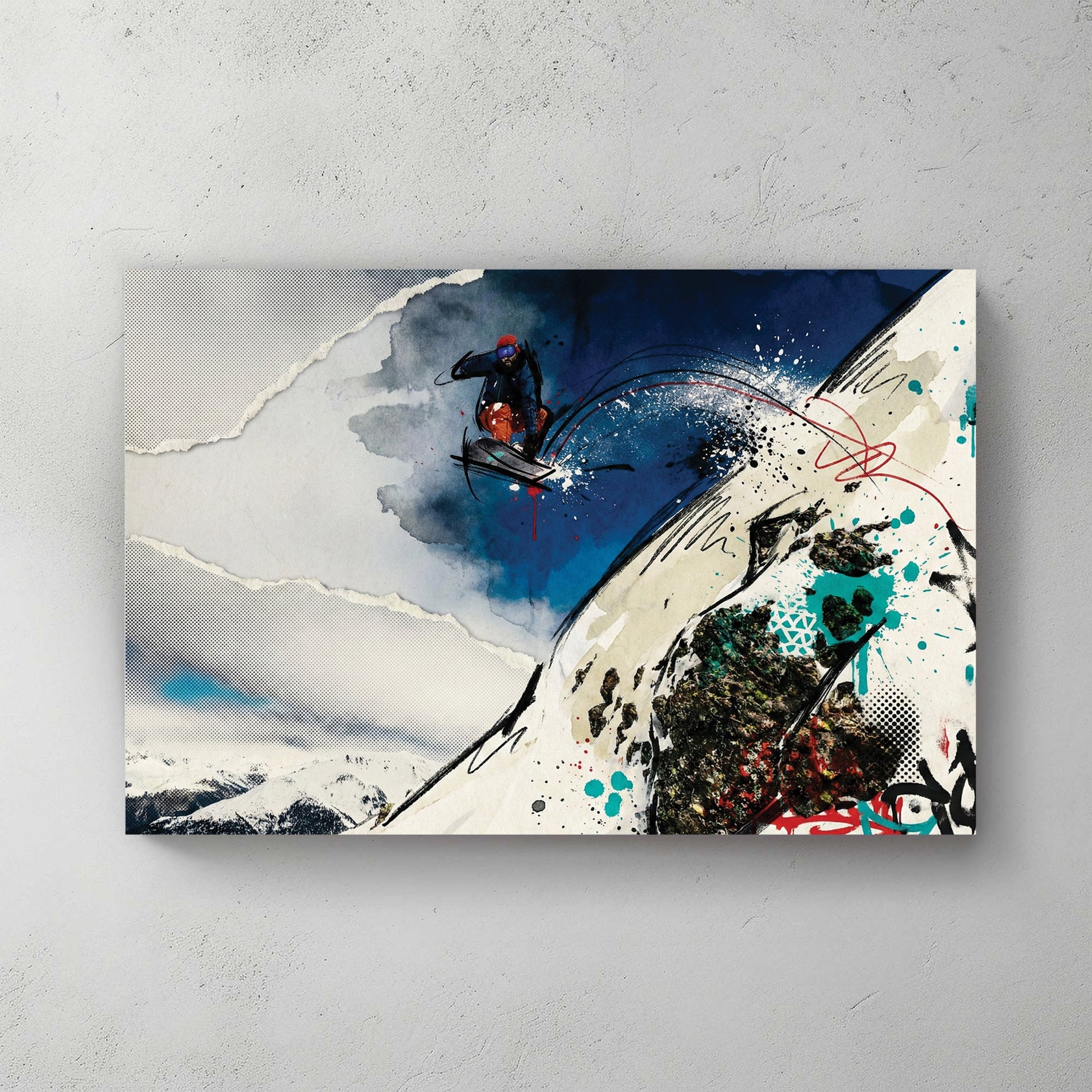 Snowboarder jumping down mountain slope with mixed media ink and watercolour art