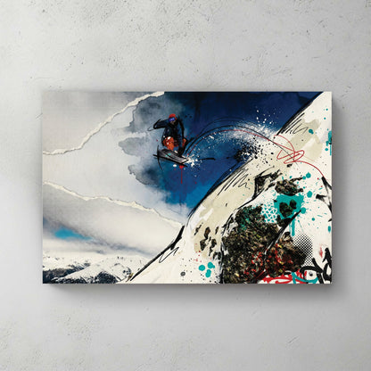 Snowboarder jumping down mountain slope with mixed media ink and watercolour art