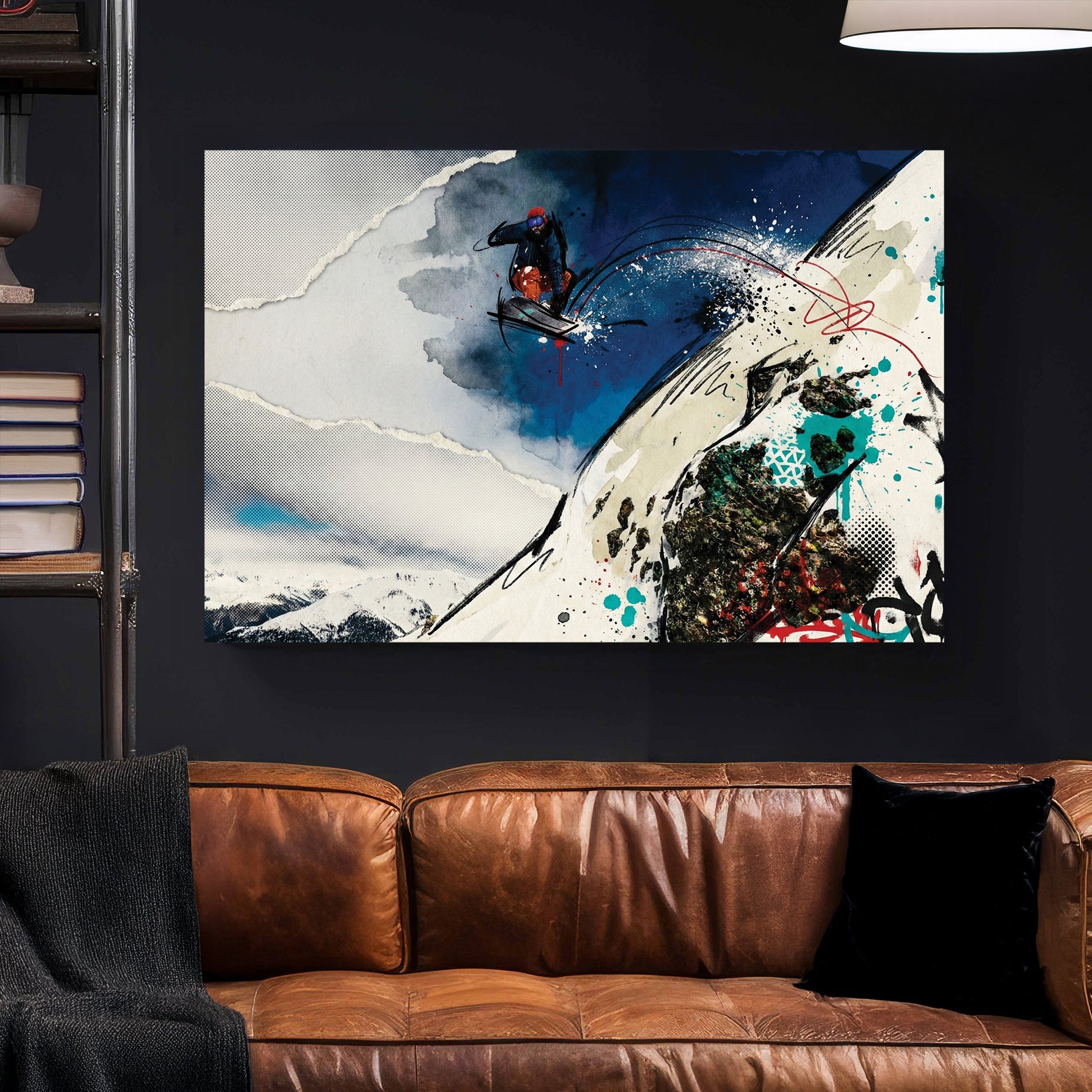 Snowboarder jumping down mountain slope with mixed media ink and watercolour art