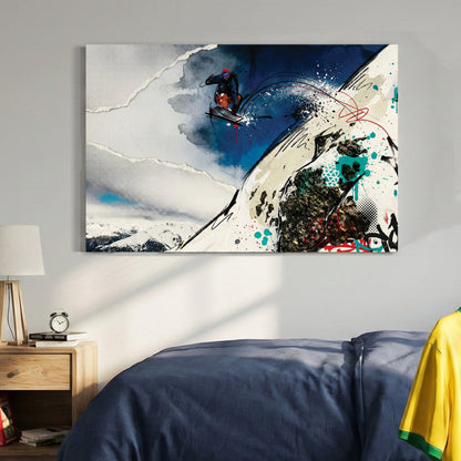 Snowboarder jumping down mountain slope with mixed media ink and watercolour art