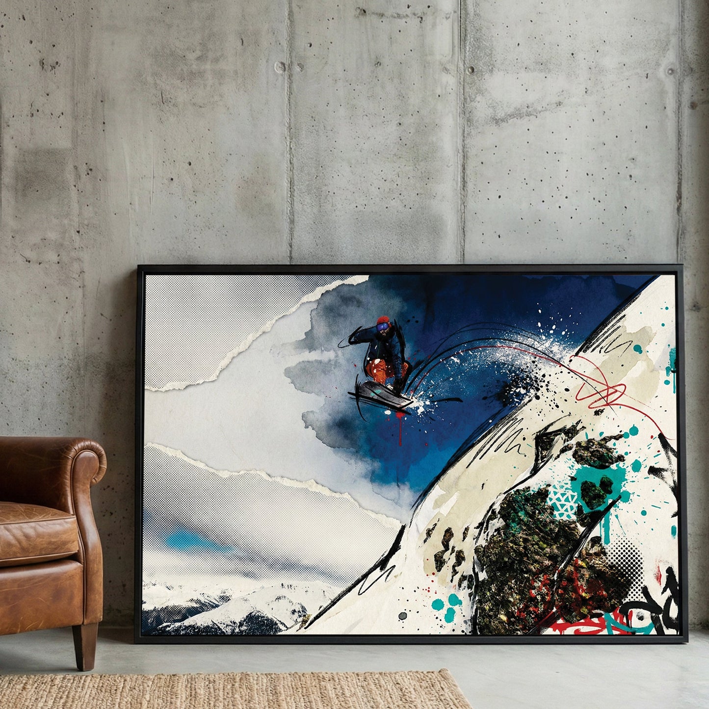 Snowboarder jumping down mountain slope with mixed media ink and watercolour art