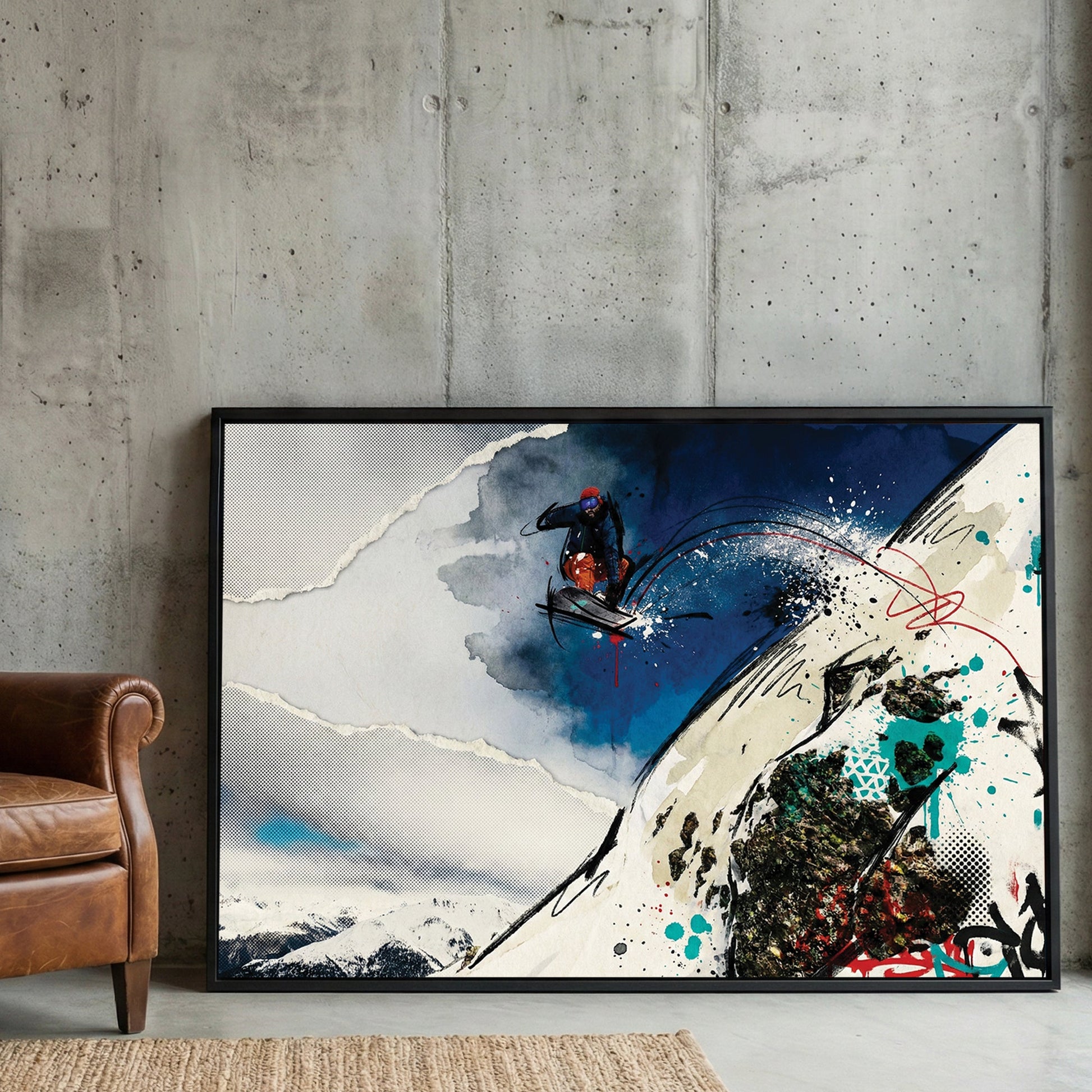 Snowboarder jumping down mountain slope with mixed media ink and watercolour art
