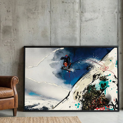 Snowboarder jumping down mountain slope with mixed media ink and watercolour art