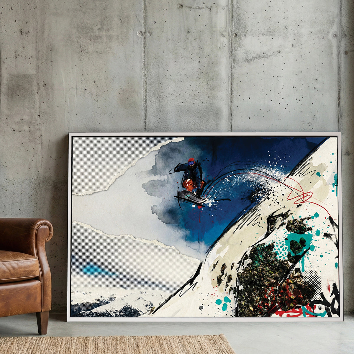 Snowboarder jumping down mountain slope with mixed media ink and watercolour art