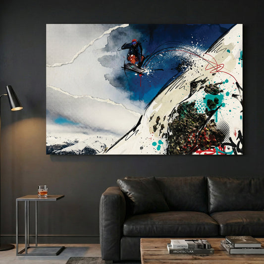 Snowboarder jumping down mountain slope with mixed media ink and watercolour art