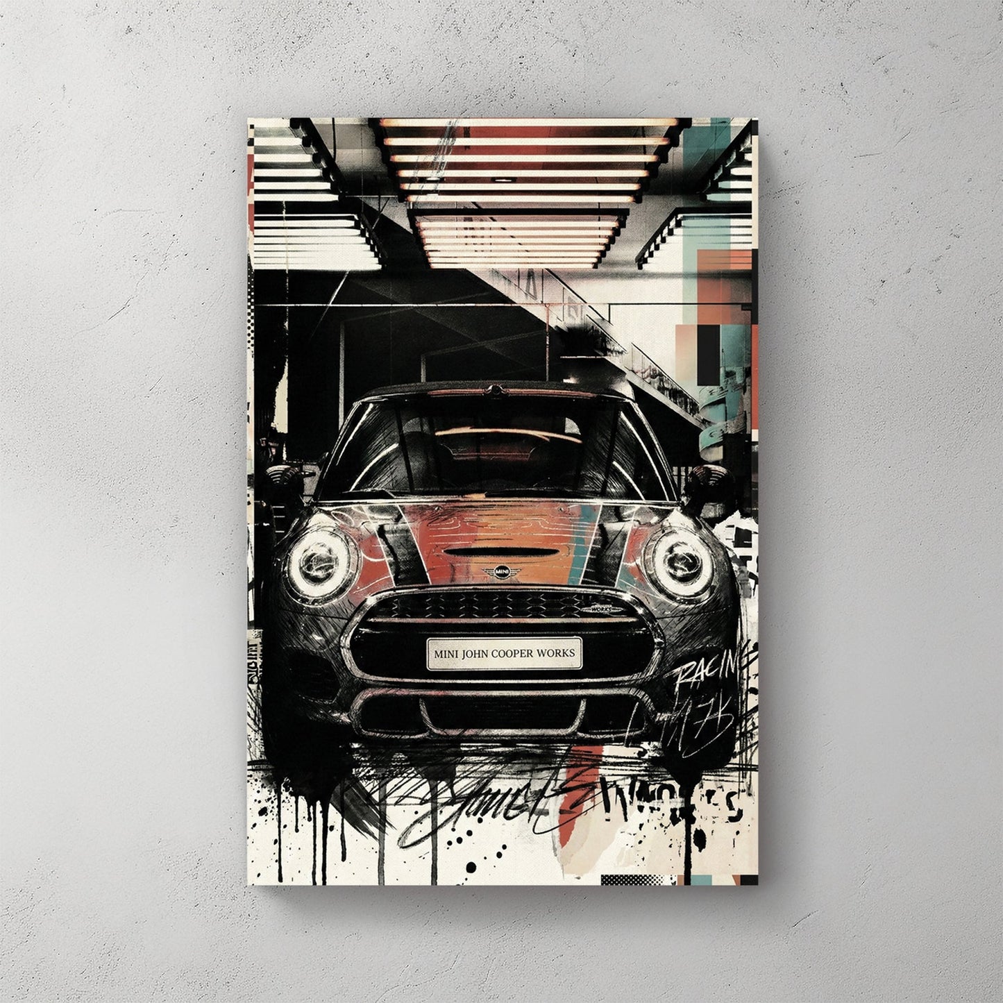 Mini Cooper racing car street art illustration with geometric design