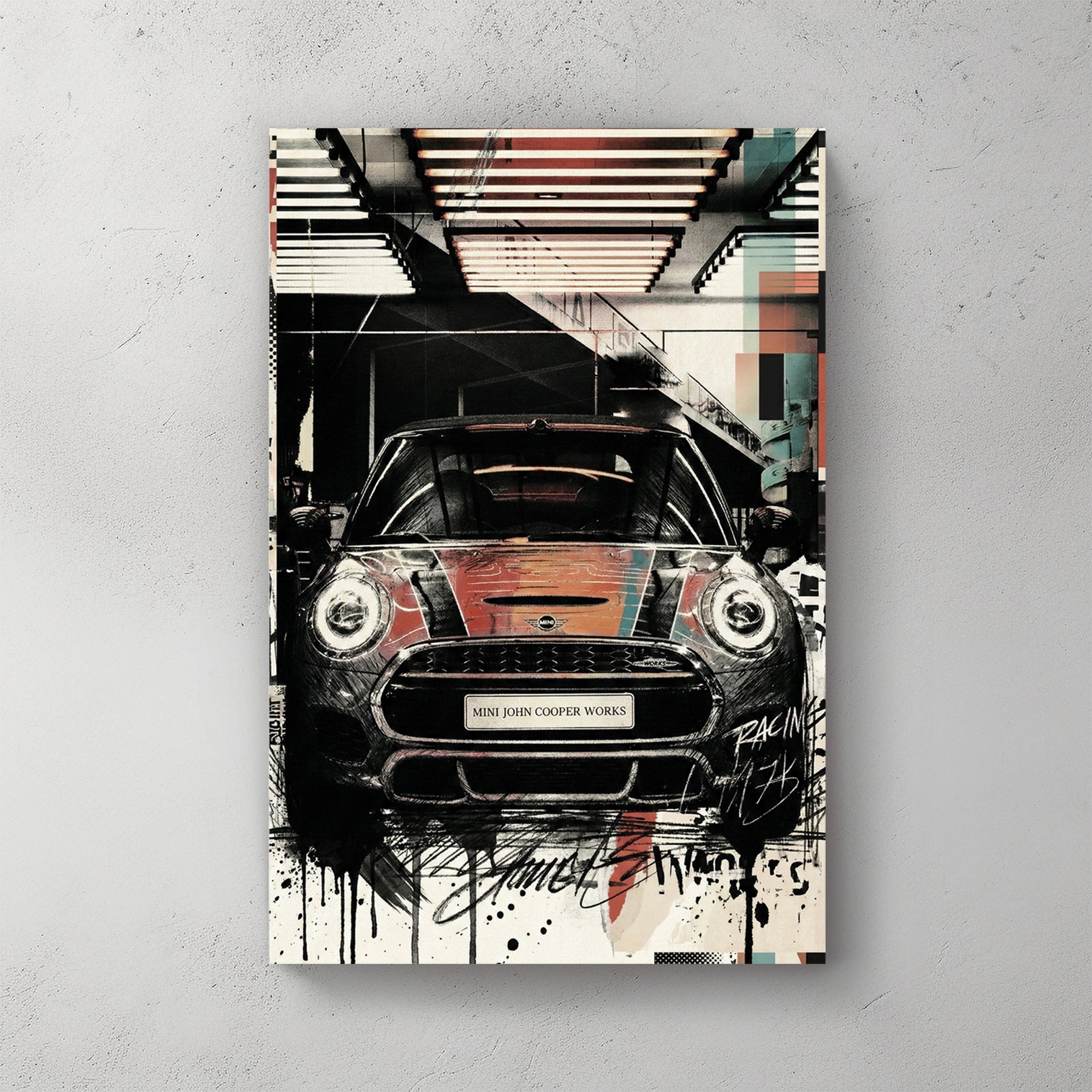Mini Cooper racing car street art illustration with geometric design
