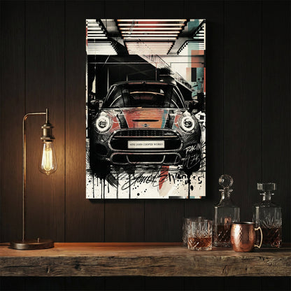 Mini Cooper racing car street art illustration with geometric design