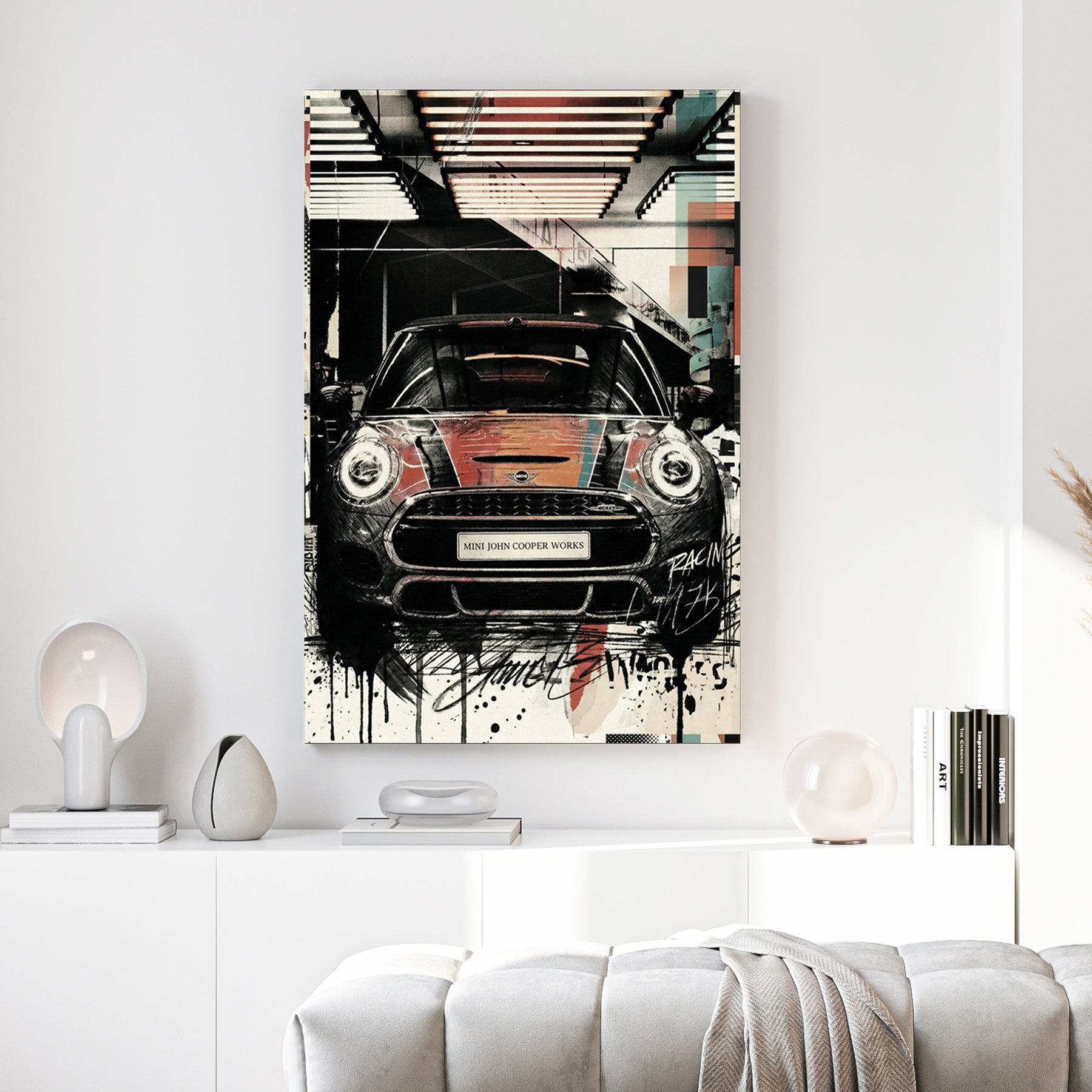 Mini Cooper racing car street art illustration with geometric design