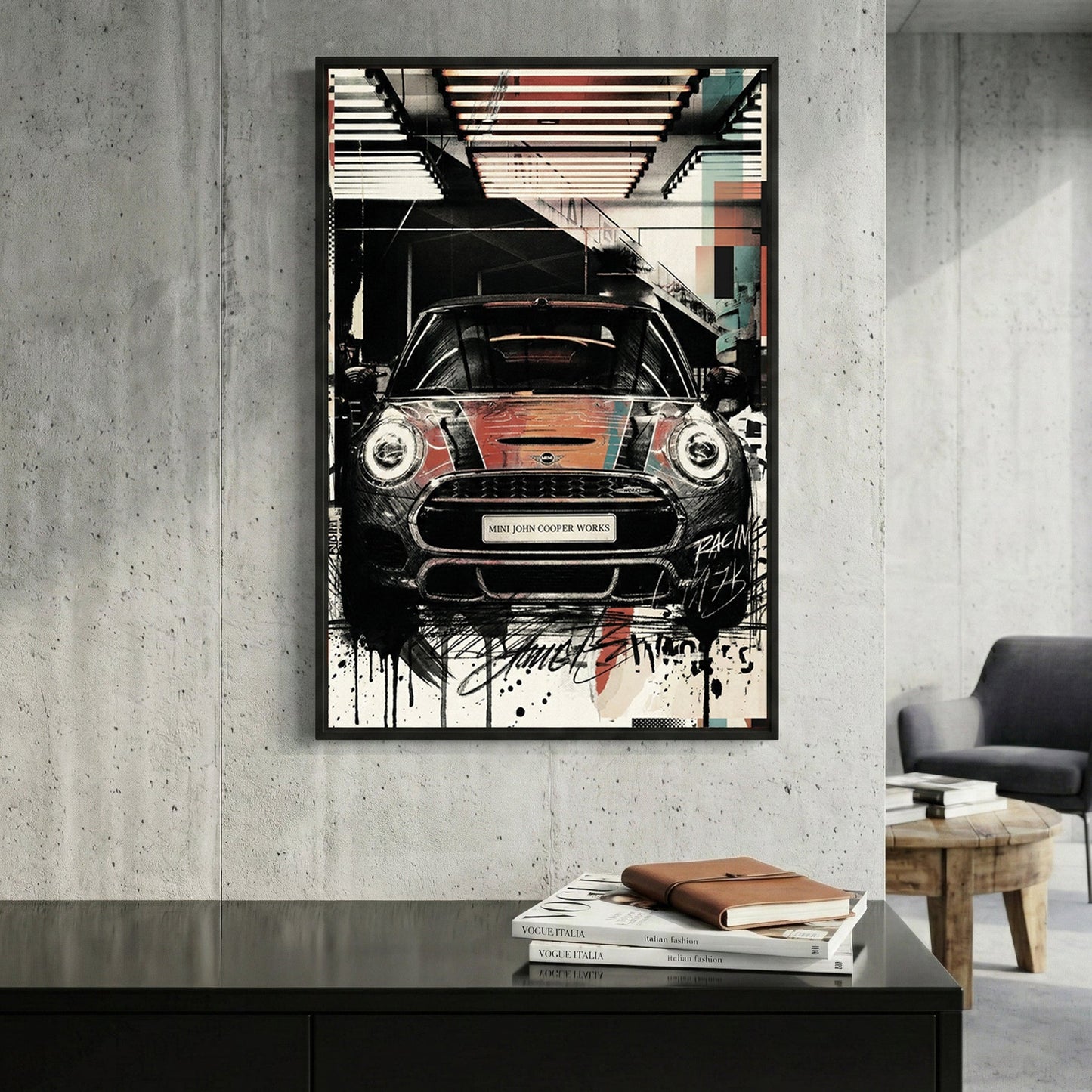 Mini Cooper racing car street art illustration with geometric design