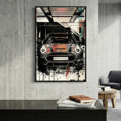 Mini Cooper racing car street art illustration with geometric design