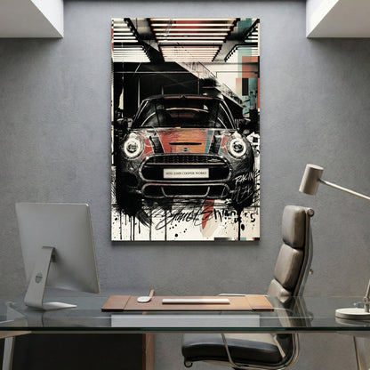 Mini Cooper racing car street art illustration with geometric design