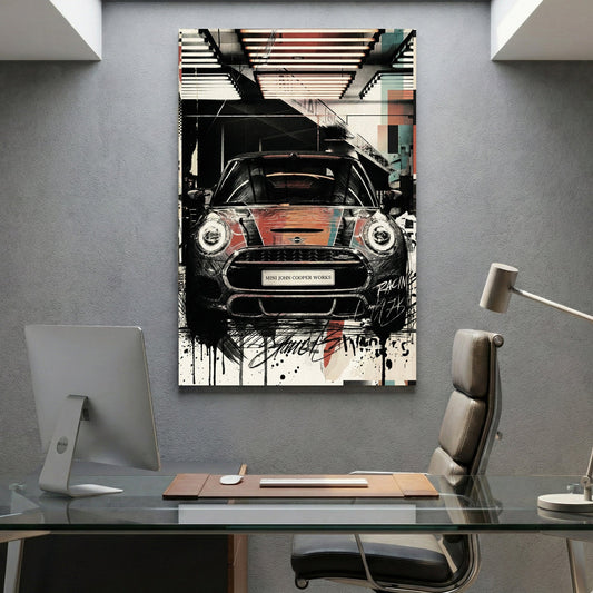 Mini Cooper racing car street art illustration with geometric design
