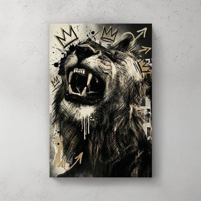 Roaring lion with geometric crown and sketch graffiti style