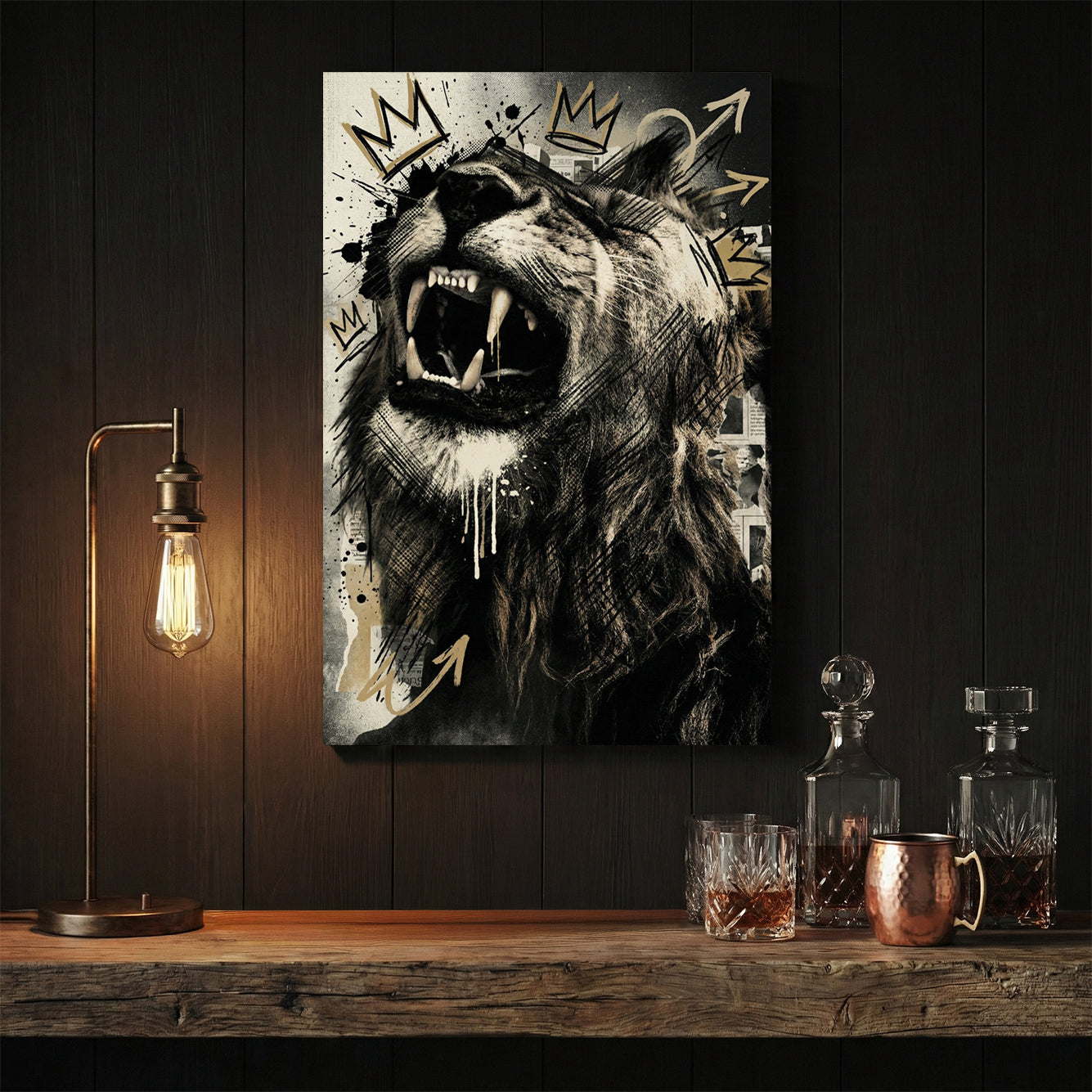 Roaring lion with geometric crown and sketch graffiti style