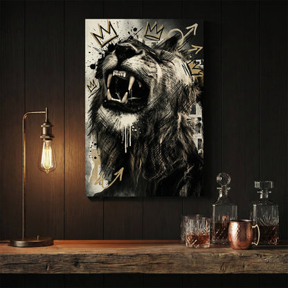 Roaring lion with geometric crown and sketch graffiti style