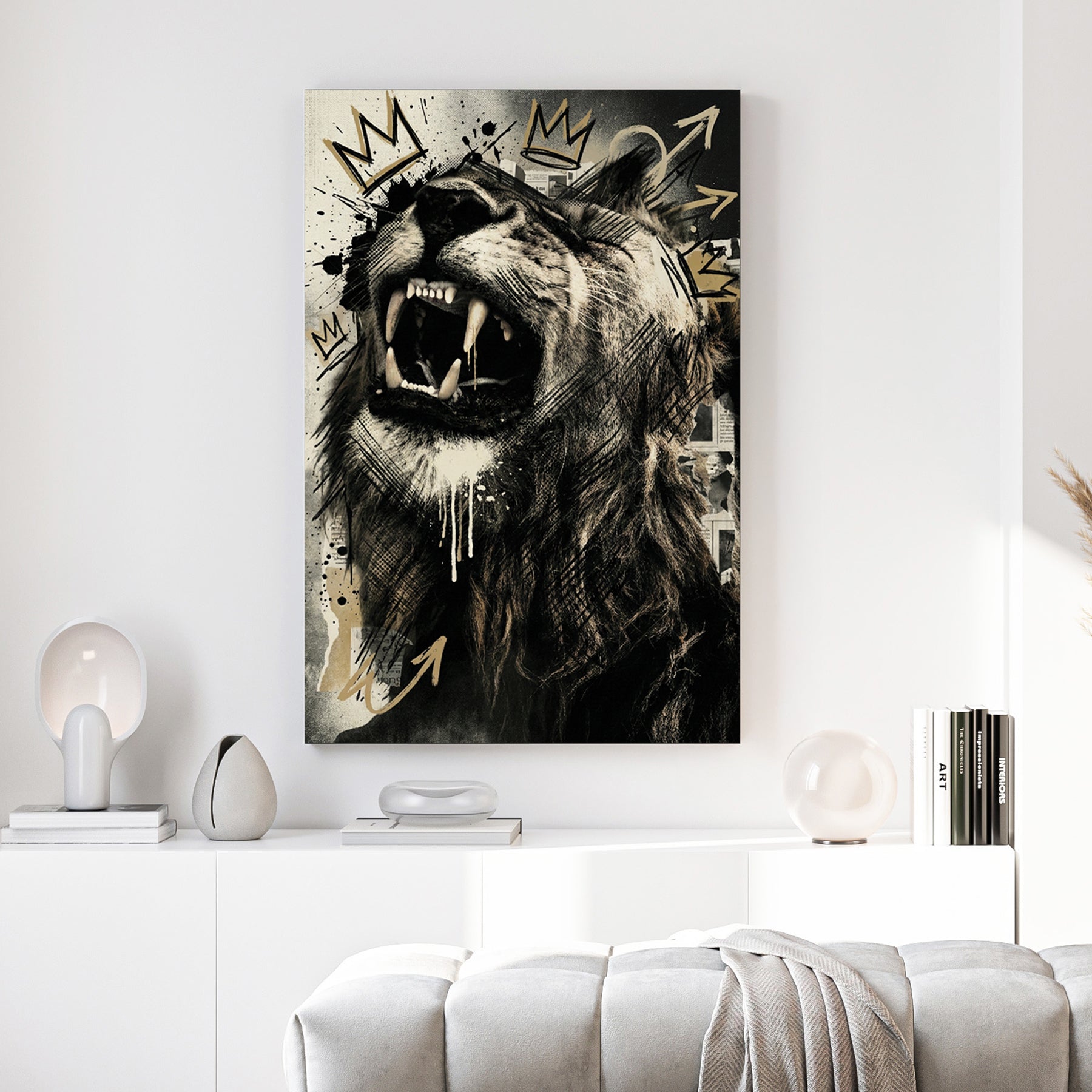 Roaring lion with geometric crown and sketch graffiti style