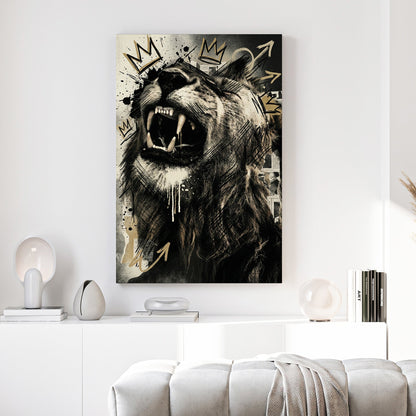 Roaring lion with geometric crown and sketch graffiti style