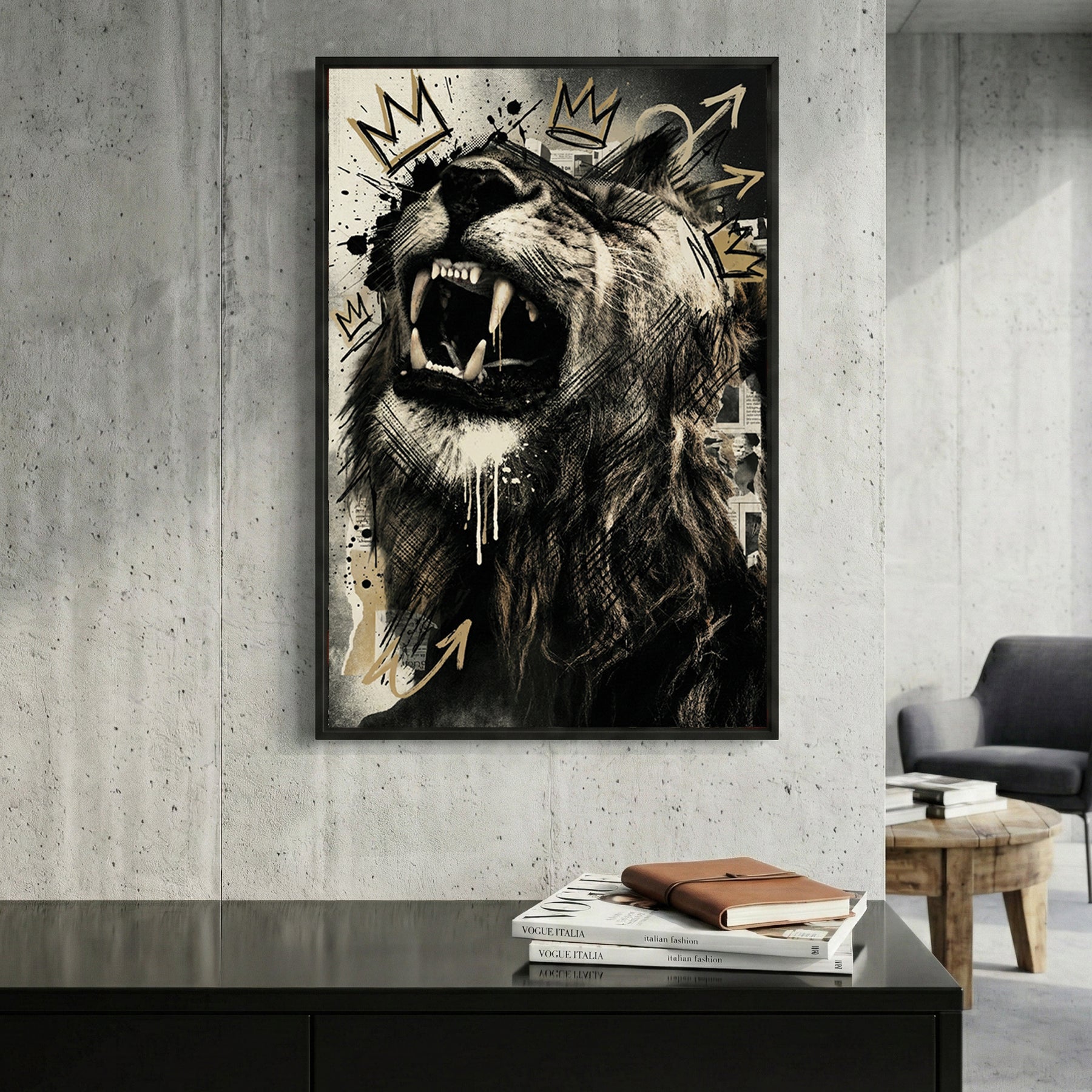 Roaring lion with geometric crown and sketch graffiti style
