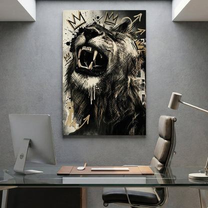 Roaring lion with geometric crown and sketch graffiti style