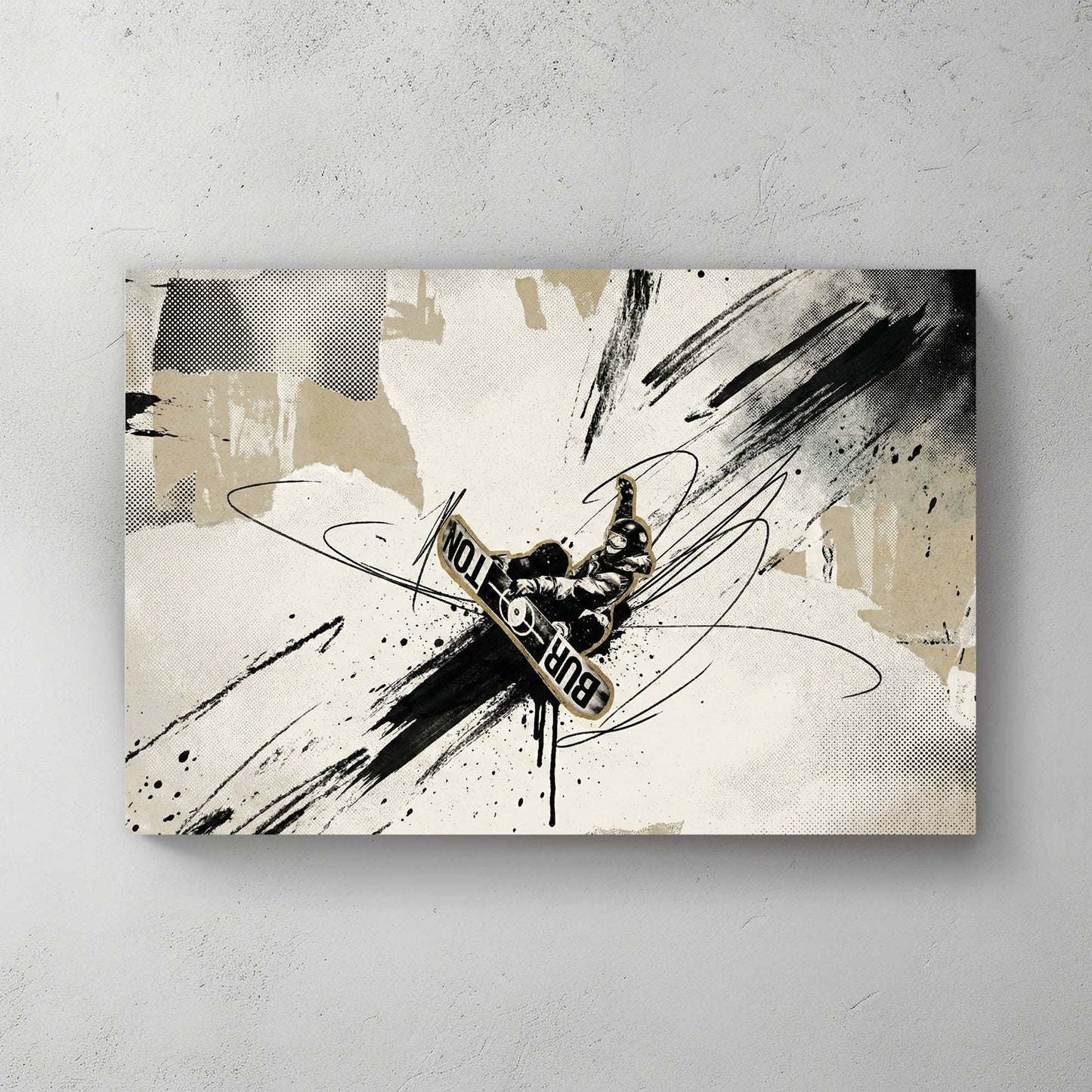 Snowboarder jumping mid-air with urban mixed media style