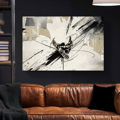 Snowboarder jumping mid-air with urban mixed media style