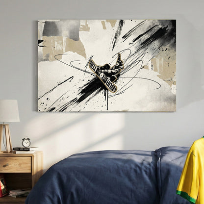 Snowboarder jumping mid-air with urban mixed media style