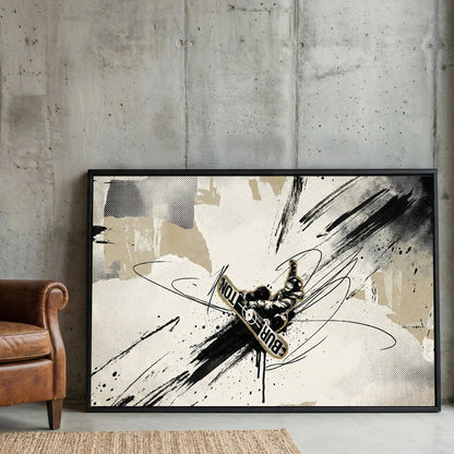 Snowboarder jumping mid-air with urban mixed media style