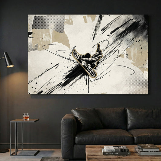 Snowboarder jumping mid-air with urban mixed media style