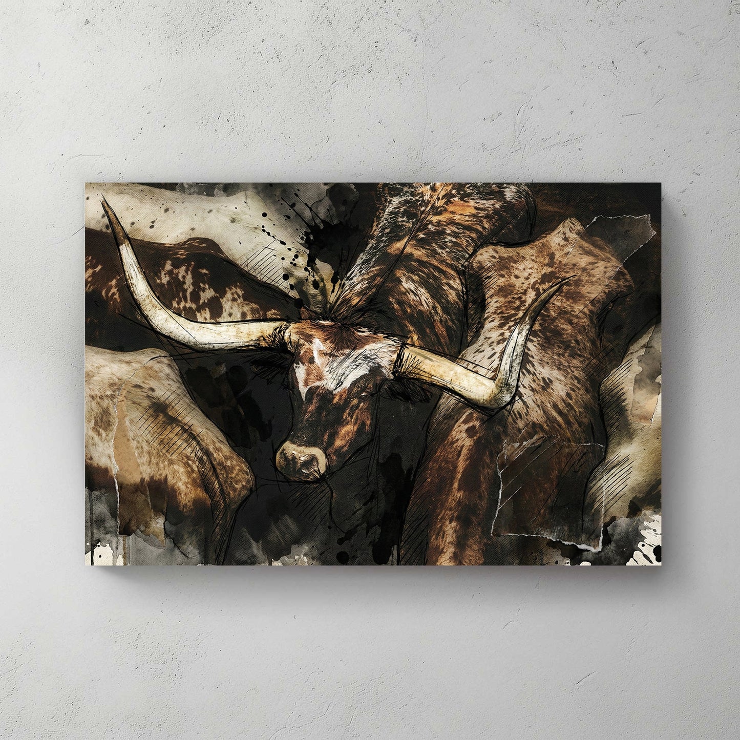 Texas Longhorn cattle portrait watercolour animal wall art