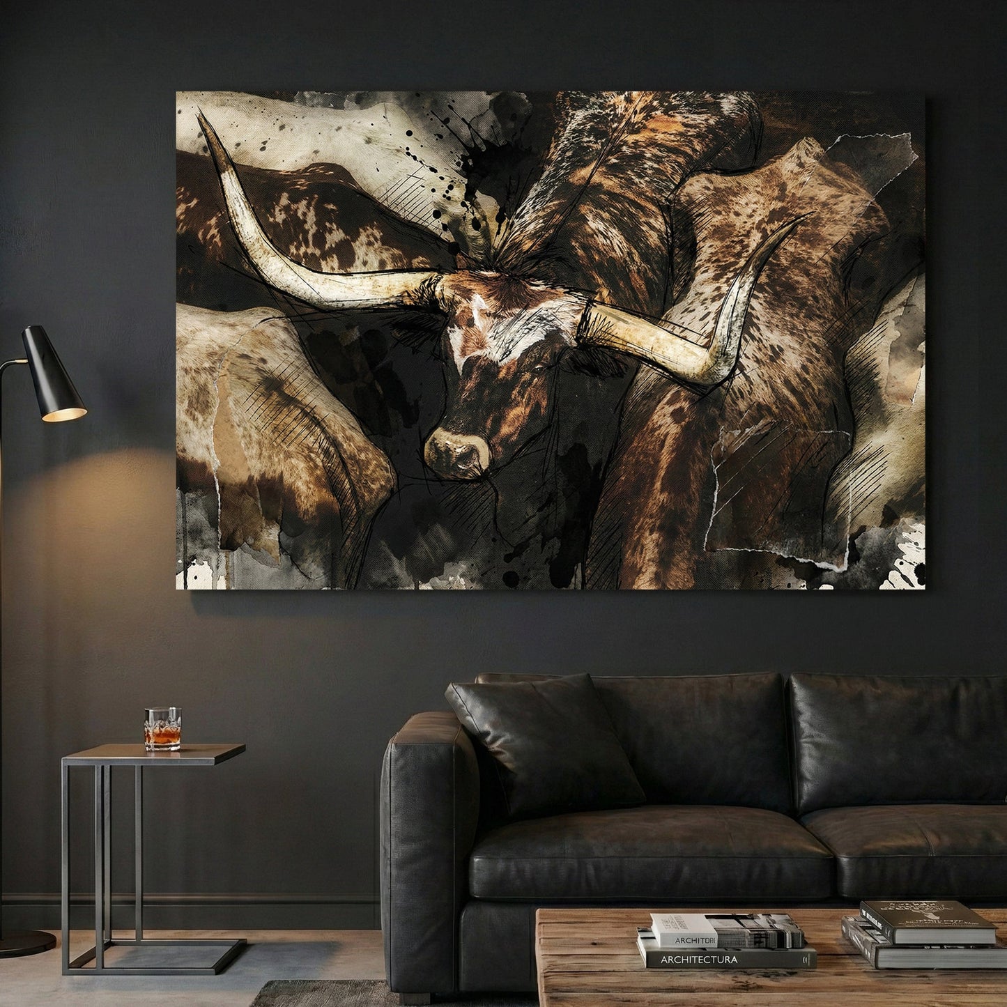 Texas Longhorn cattle portrait watercolour animal wall art