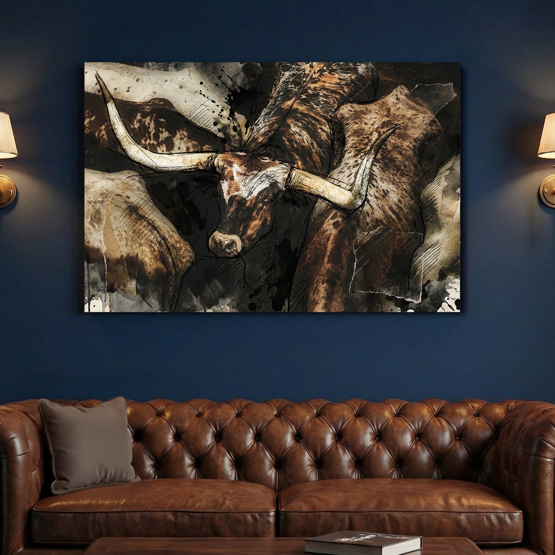 Texas Longhorn cattle portrait watercolour animal wall art