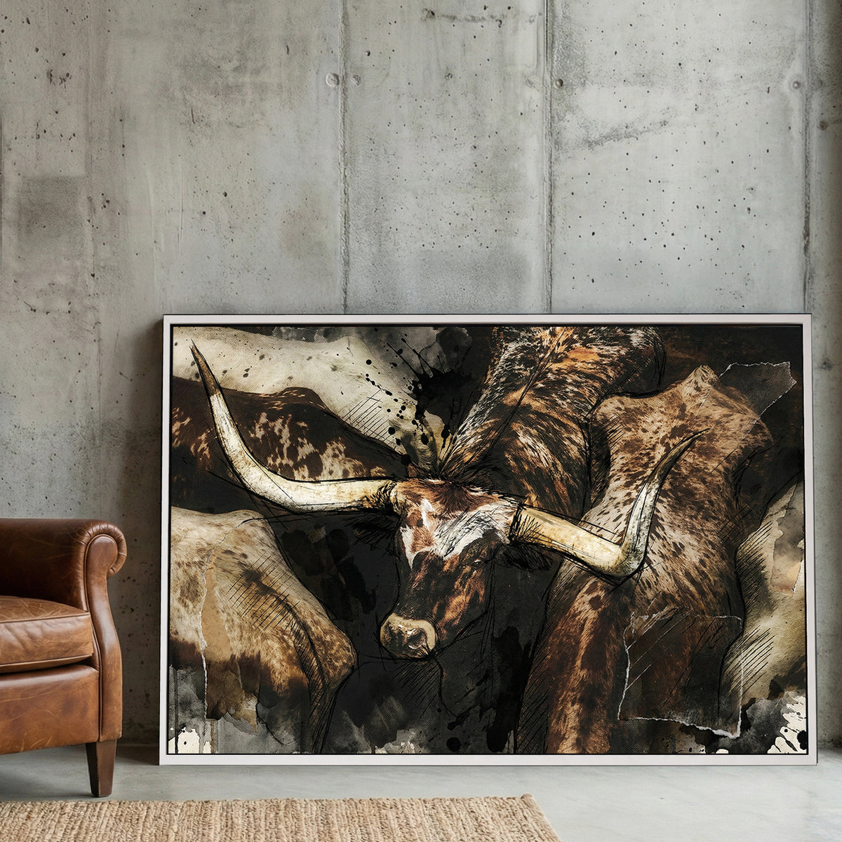 Texas Longhorn cattle portrait watercolour animal wall art