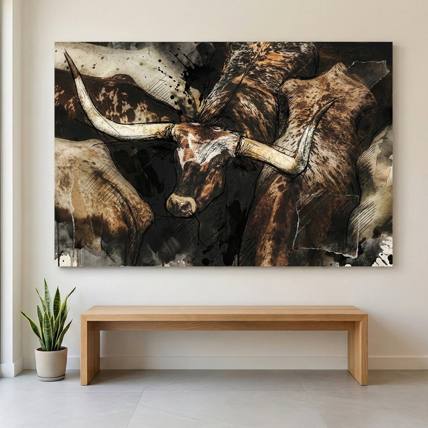 Texas Longhorn cattle portrait watercolour animal wall art