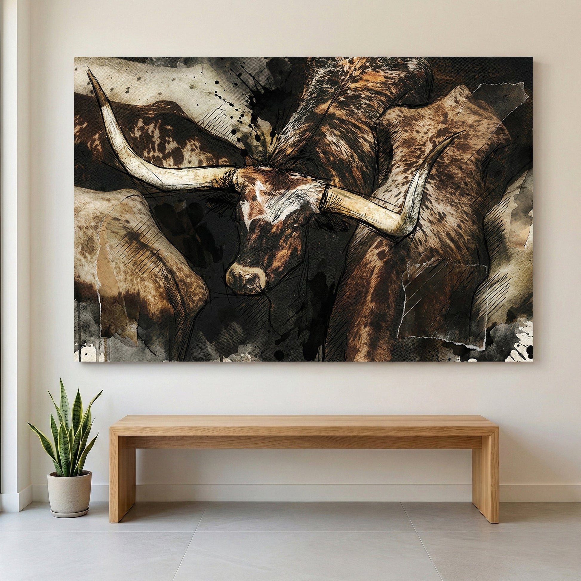 Texas Longhorn cattle portrait watercolour animal wall art