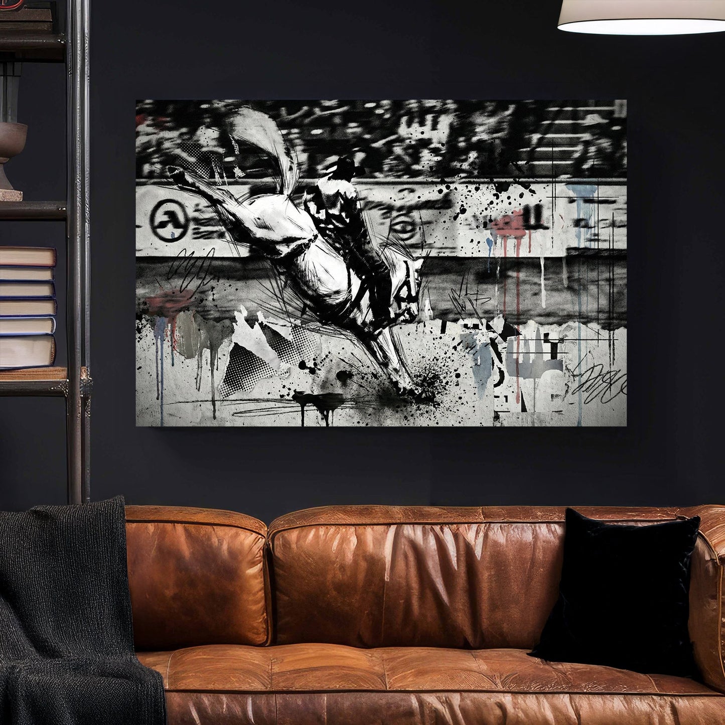 Rearing horse urban sketch with bold pen outlines and street art elements