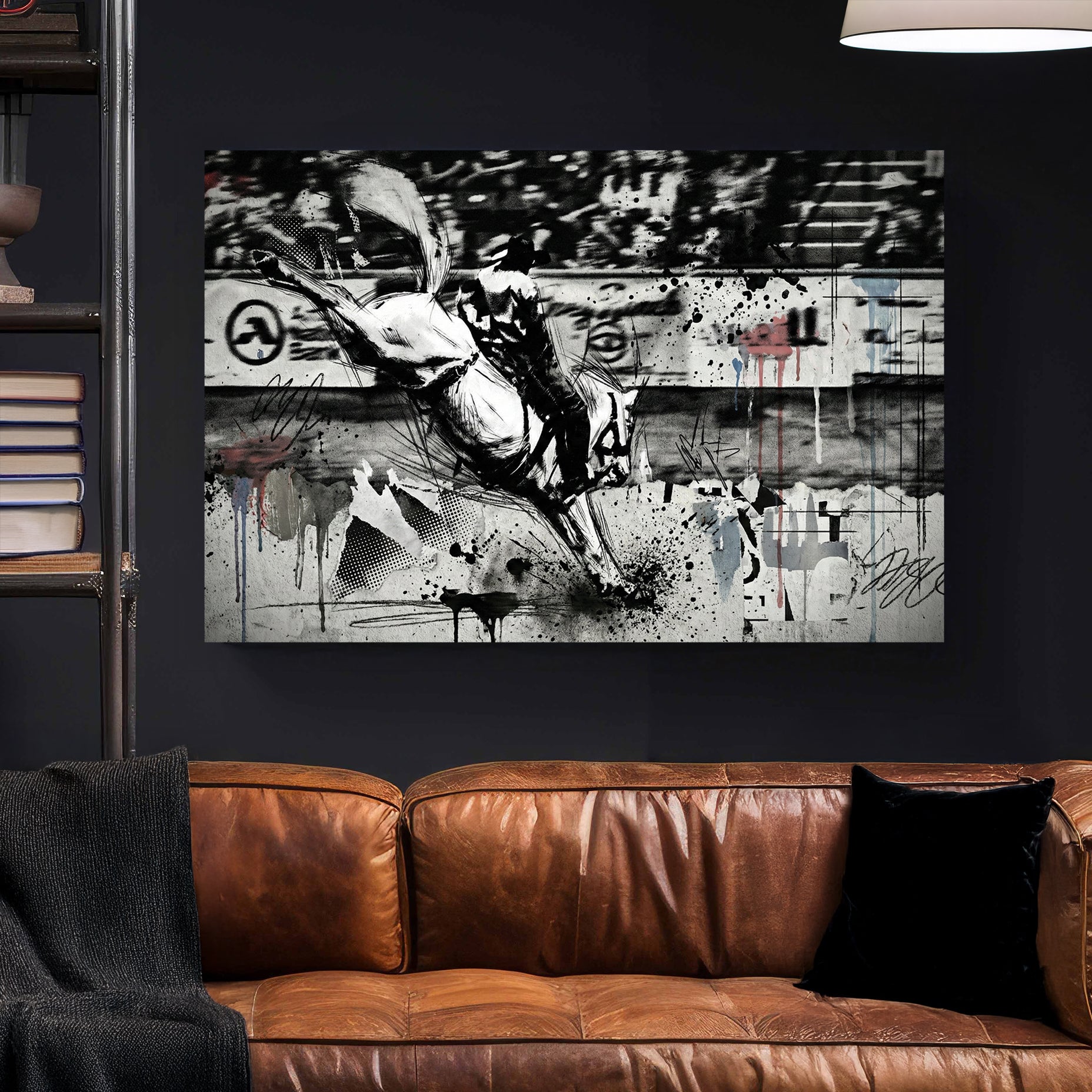 Rearing horse urban sketch with bold pen outlines and street art elements