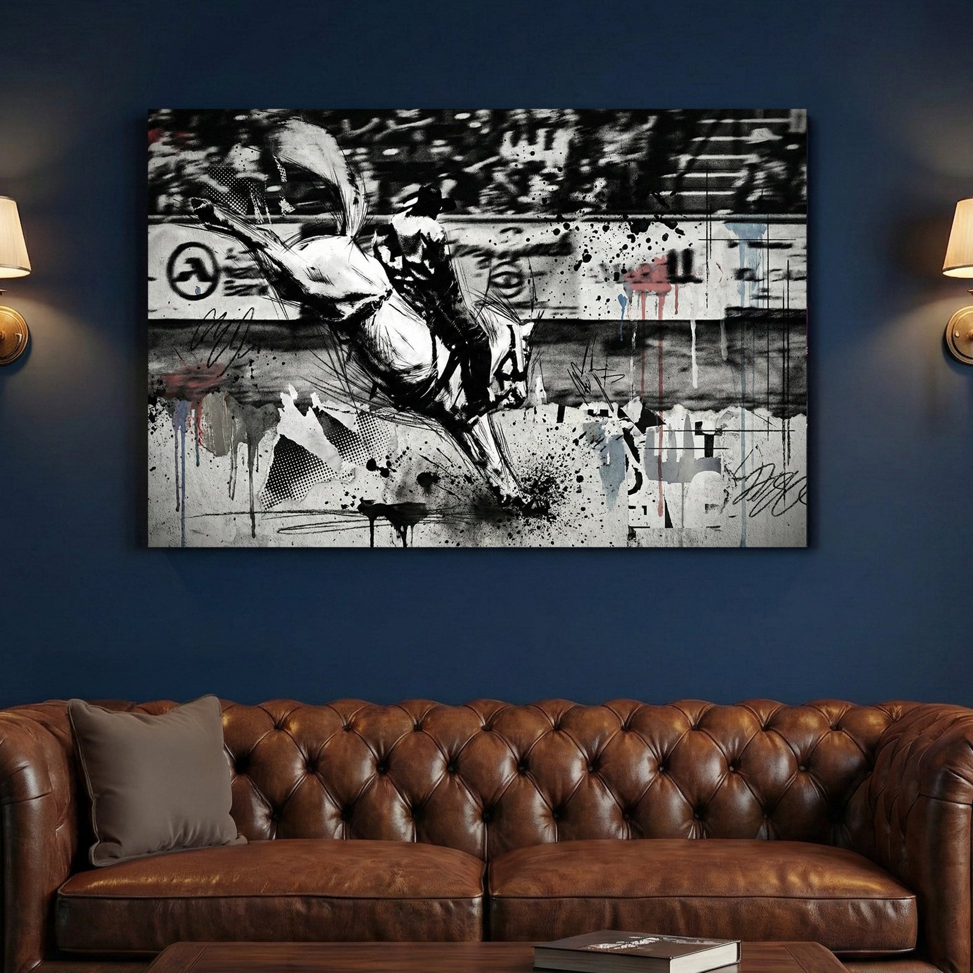 Rearing horse urban sketch with bold pen outlines and street art elements