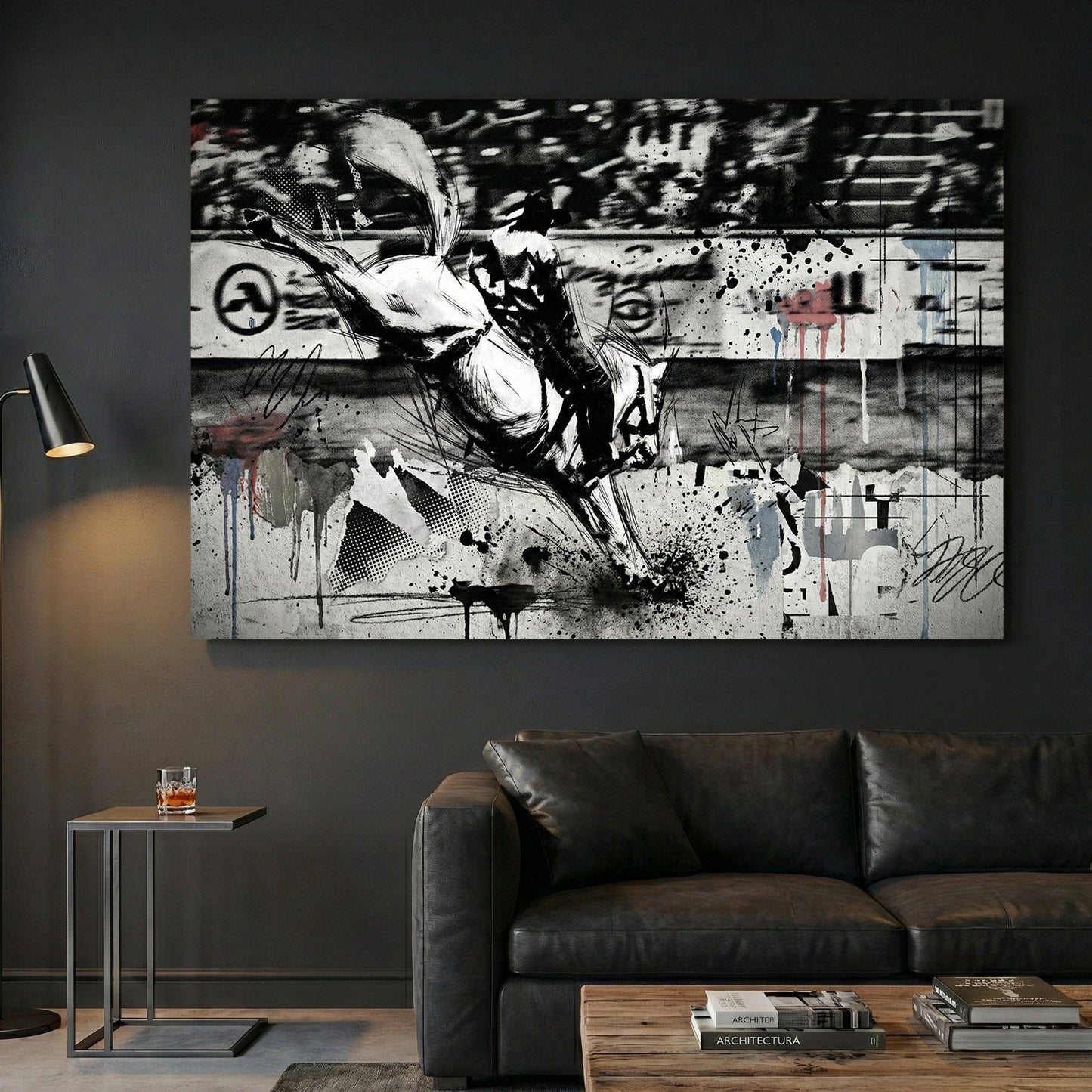 Rearing horse urban sketch with bold pen outlines and street art elements