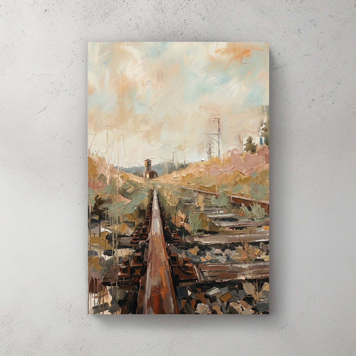 Railroad tracks stretching into green landscape watercolour