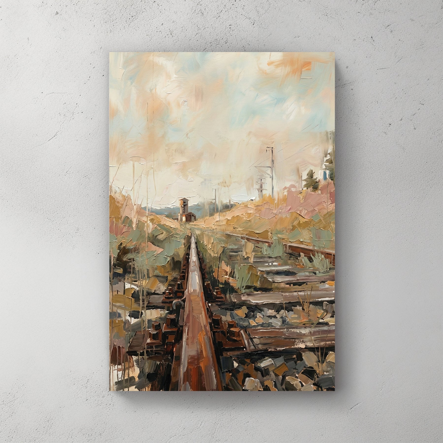 Railroad tracks stretching into green landscape watercolour